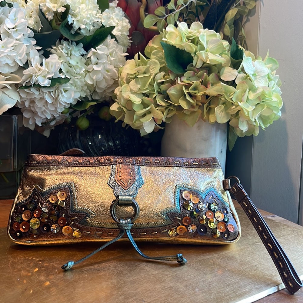 Tocca Leather Jeweled and Embroidered Wristlet Clutch